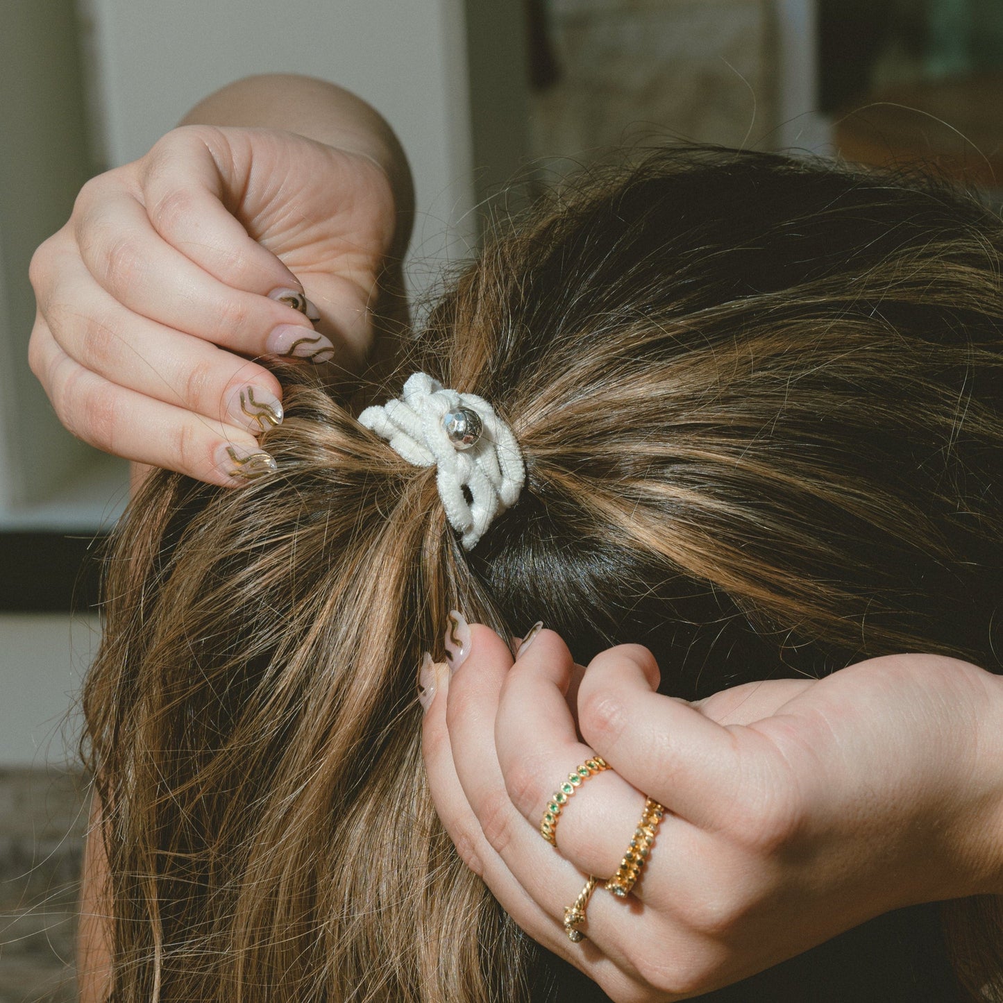 Annulette  ·  White Velvet and Hammered Beads